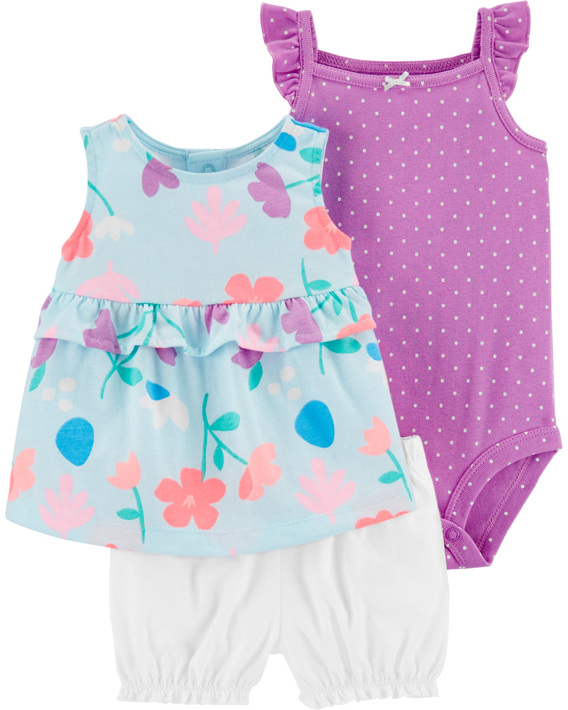 Set 3 piezas short blusa sin manga y body aleteo flores bebé niña Carters